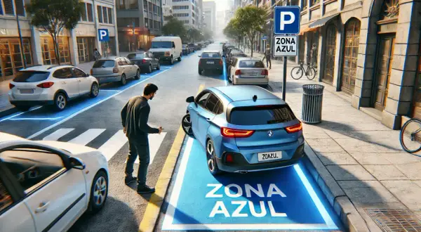 Un hombre cruza la calle en Granollers, donde un coche azul se estaciona en una ZONA AZUL iluminada.