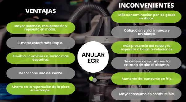 Ventajas y desventajas de anular EGR: mayor potencia, motor más limpio, pero más contaminación y ruido. Opiniones divididas.