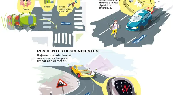 Conduce con precaución en **pendientes descendentes**, usando marchas cortas para frenar con el motor.