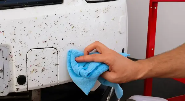 Mano limpiando el coche para quitar mosquitos y restos de insectos.