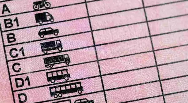 Detalle de un permiso de conducir con categorías como A1, A2, B, C, D, y sus subcategorías, mostrando iconos de motos, coches y camiones.