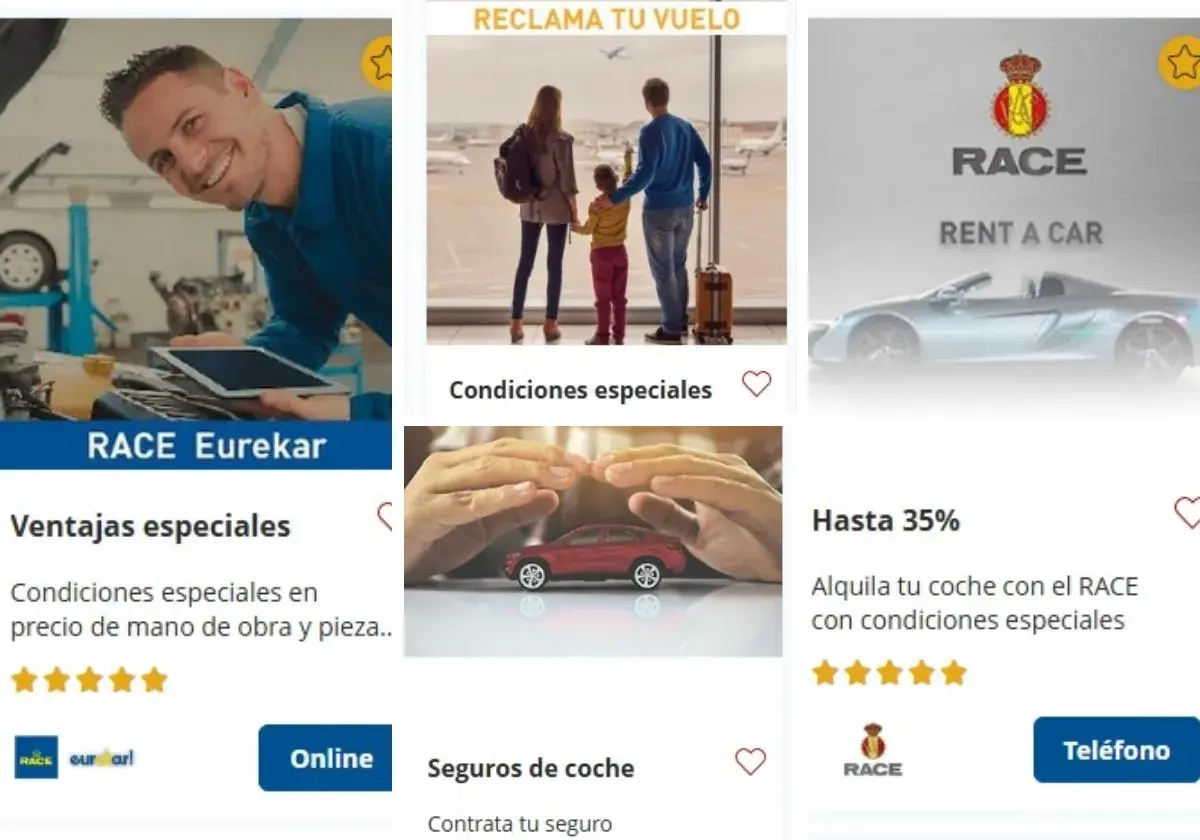 Mecánico sonriente con tablet, familia en aeropuerto, coche deportivo y manos protegiendo coche de juguete. Ofertas de RACE para tus viajes y seguros.