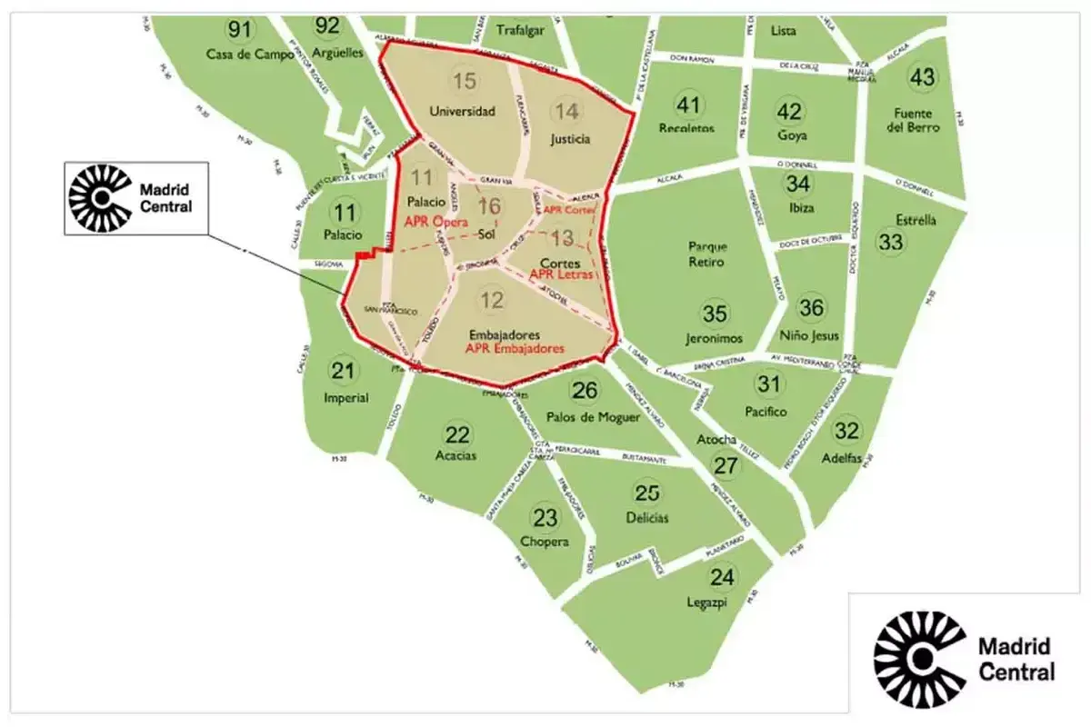 Mapa de la zona APR Madrid Central, mostrando barrios como Palacio, Embajadores y Cortes.