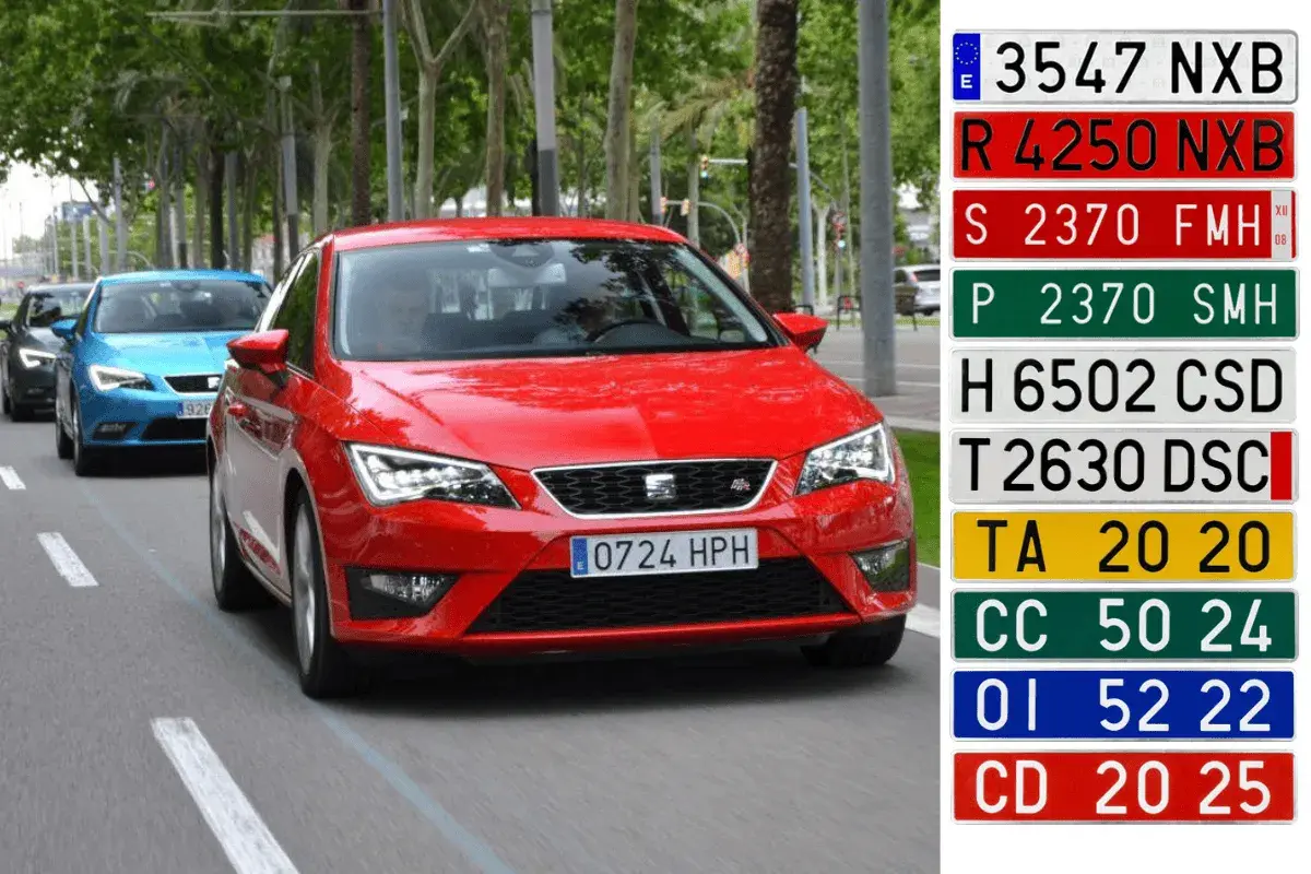 Coches en fila, uno rojo con matrícula H año 0724 HPH, y otros azules y grises. A la derecha, varias matrículas de diferentes colores y formatos.