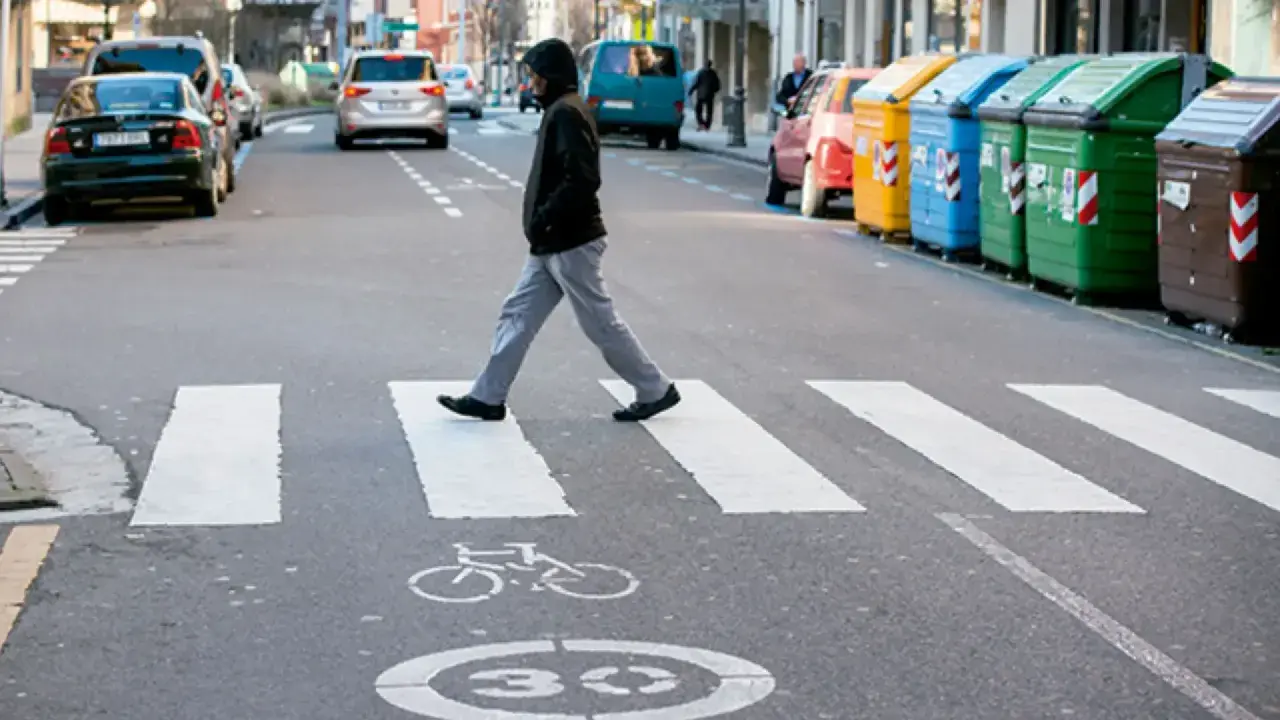 Un hombre cruza la calle por un paso de cebra. Se considera peatón a la persona que camina, y él está haciendo exactamente eso, respetando las normas de tráfico.