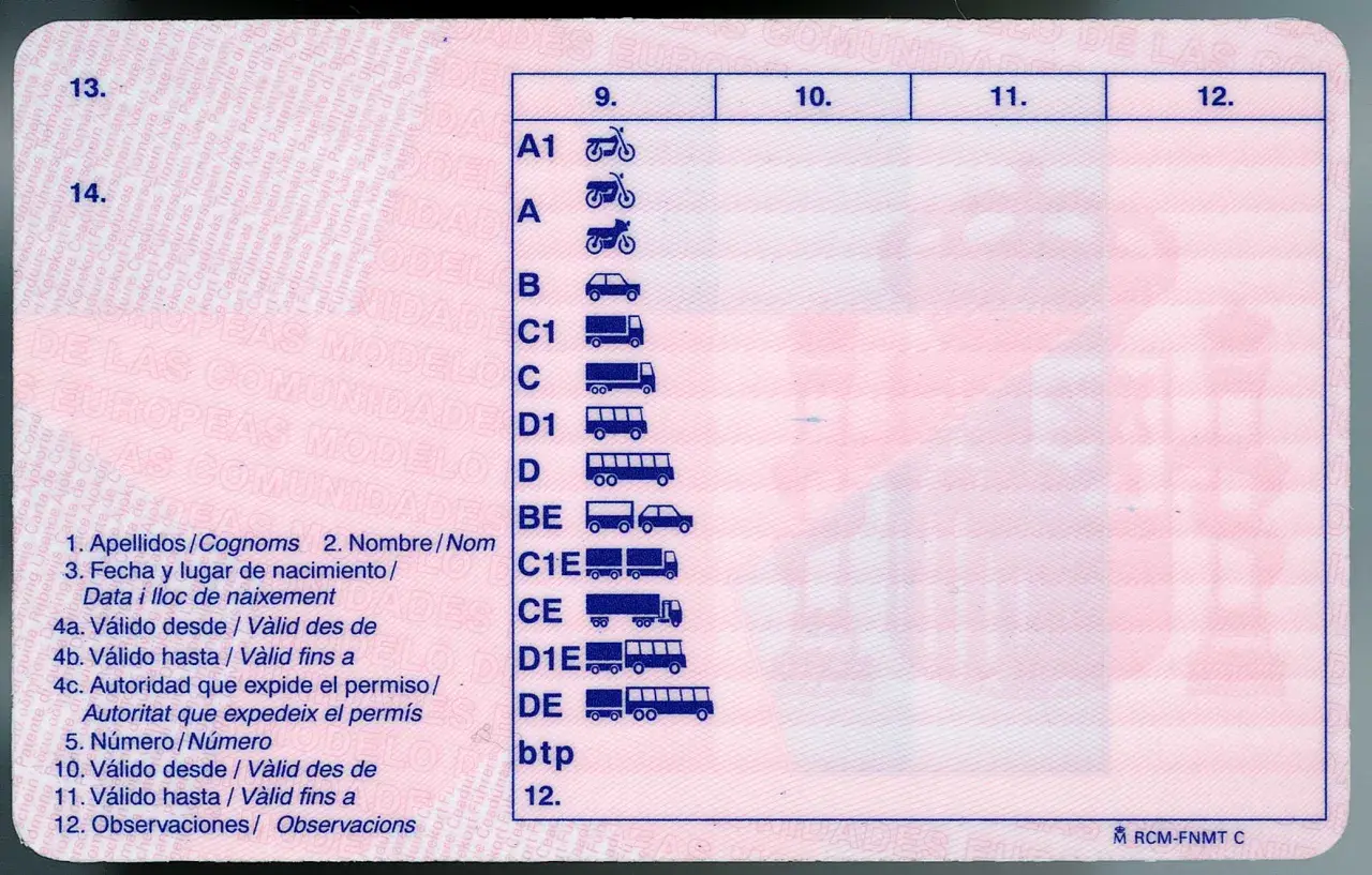 Permiso de conducir con categorías A1, A, B, C, D, BE, C1E, CE, D1E, DE y btp. Ideal para quien busca un canet de moto.