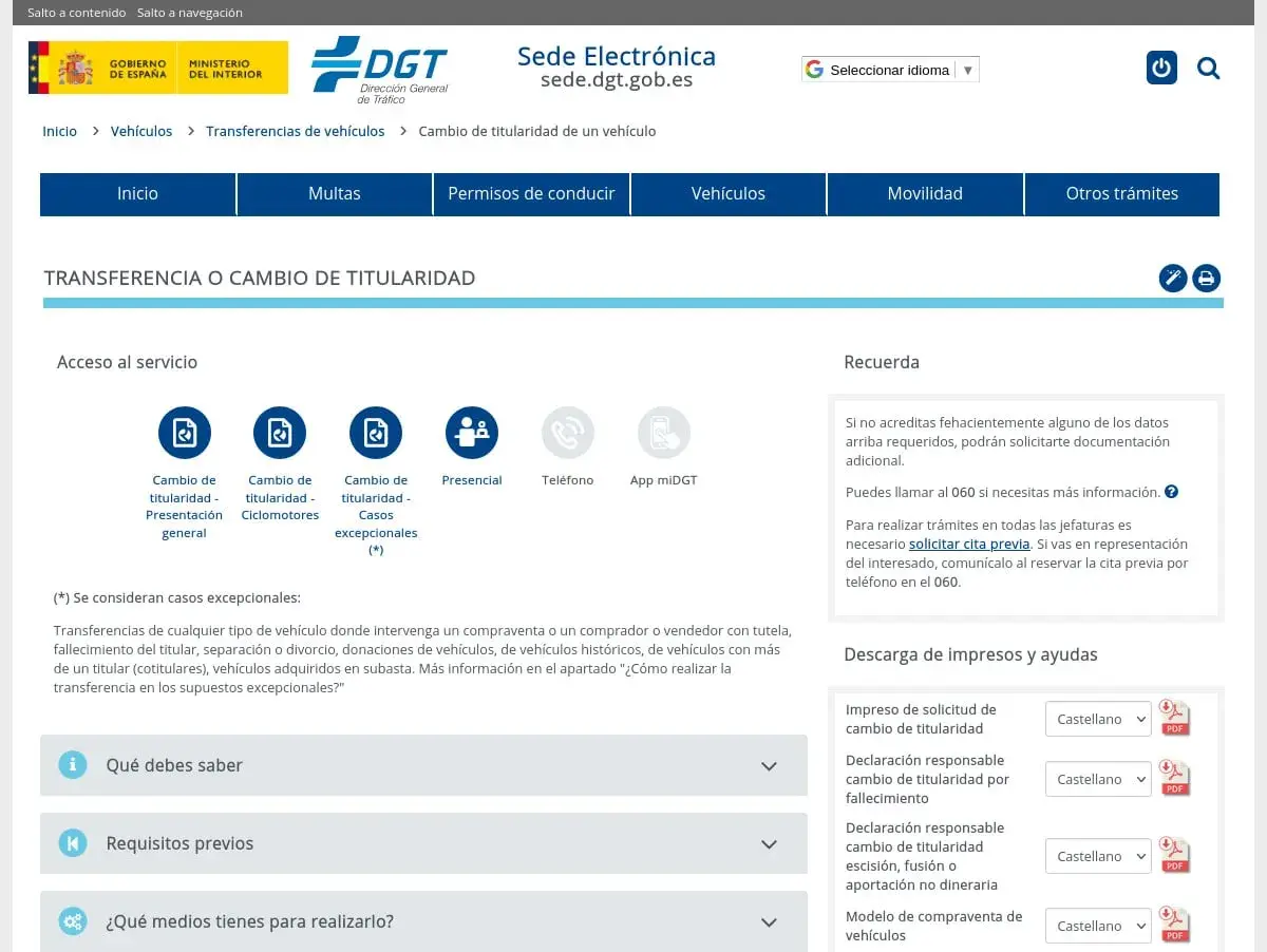 Página web de la DGT para cómo cambiar la titularidad de un coche sin venta. Muestra opciones como "Presentación general", "Ciclomotores" y "Casos excepcionales".