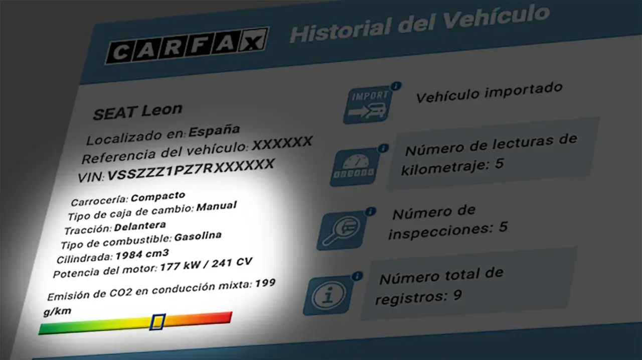 Historial de un SEAT León con matriculación por matrícula. Muestra datos como VIN, carrocería, motor y emisiones de CO2.
