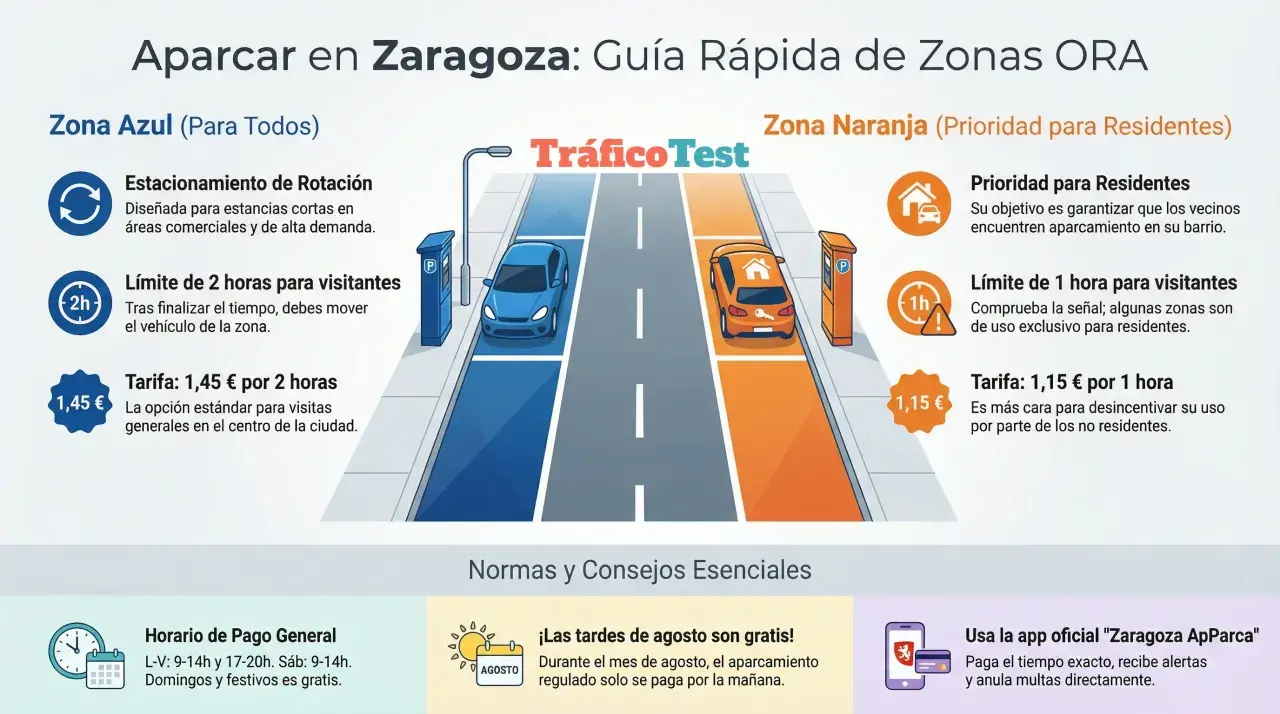 Guía de tipos de aparcamiento DGT en Zaragoza: Zona Azul (rotación, 2h, 1,45€) y Zona Naranja (residentes, 1h, 1,15€).