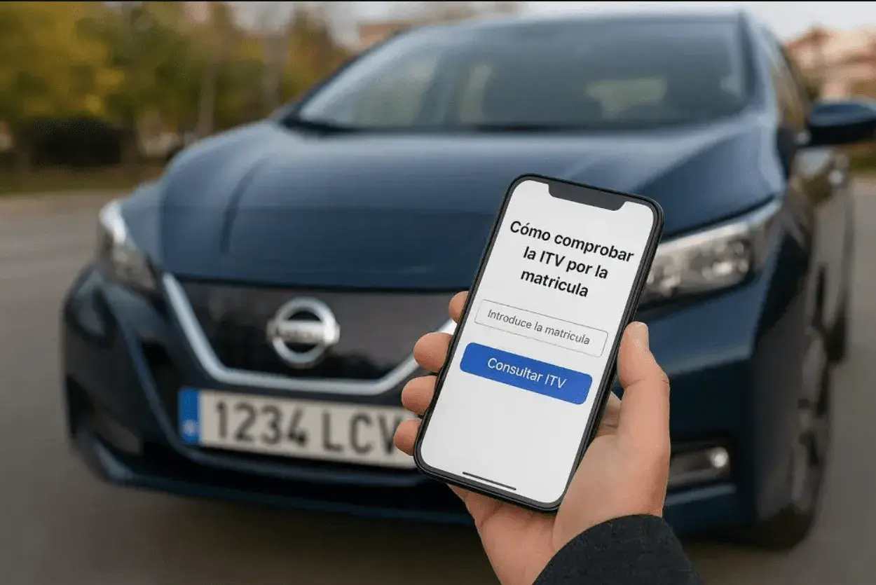 Mano sostiene móvil con app para consultar ITV por matrícula de coche en España.
