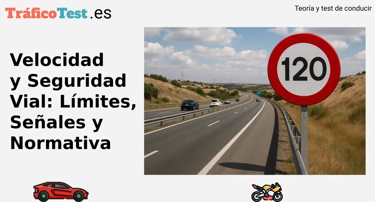 Señal de límite de velocidad de 120 km/h en una autopista. El texto indica "Velocidad y Seguridad Vial", sugiriendo que se trata de normas para evitar una velocidad anormalmente reducida o excesiva.