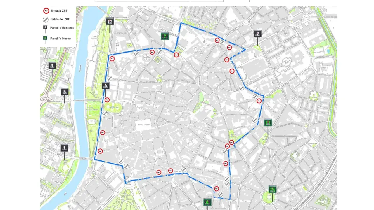 Mapa de la zona bajas emisiones Valladolid. Muestra el perímetro de la ZBE, entradas, salidas y paneles informativos.