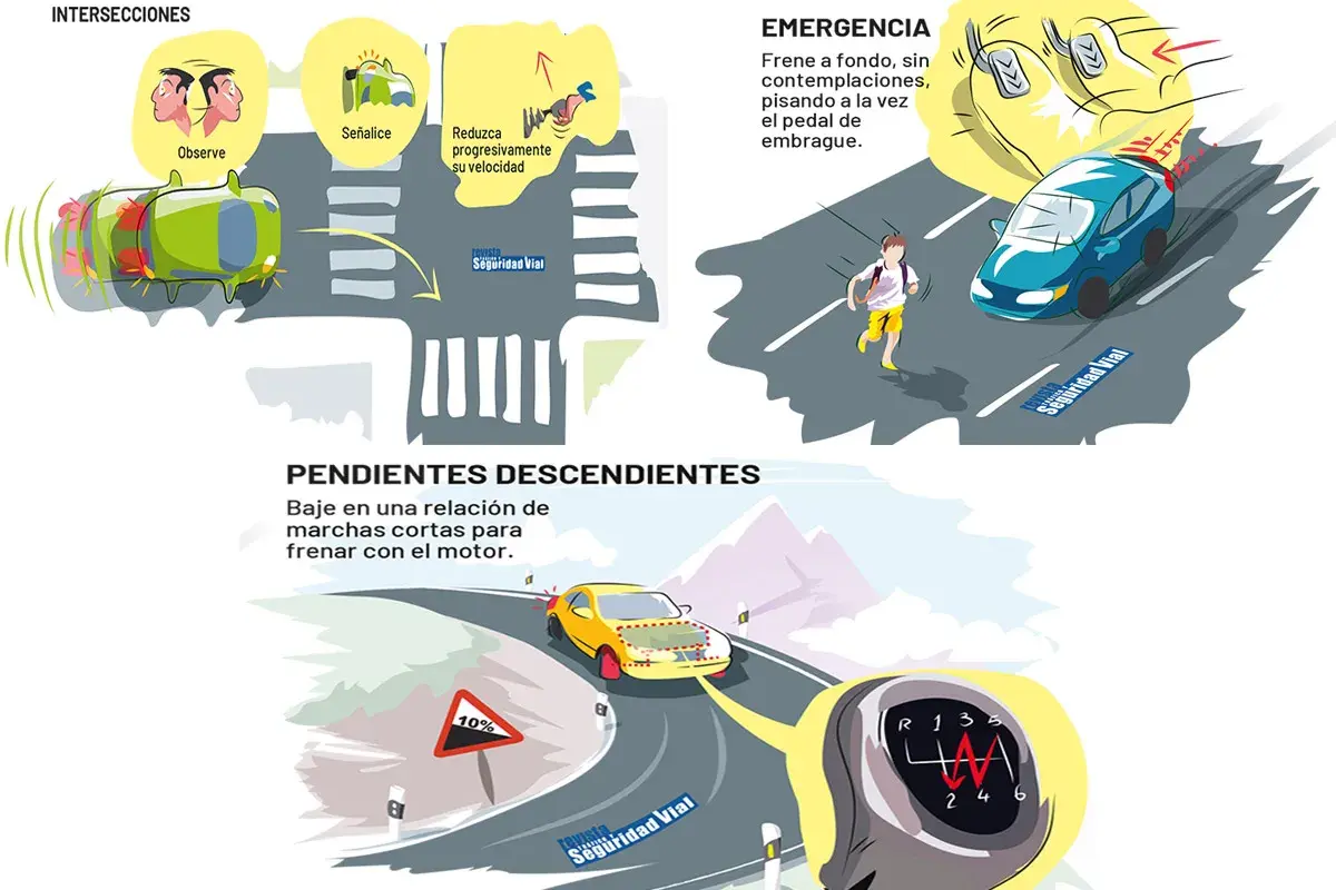 Conduce con precaución en **pendientes descendentes**, usando marchas cortas para frenar con el motor.