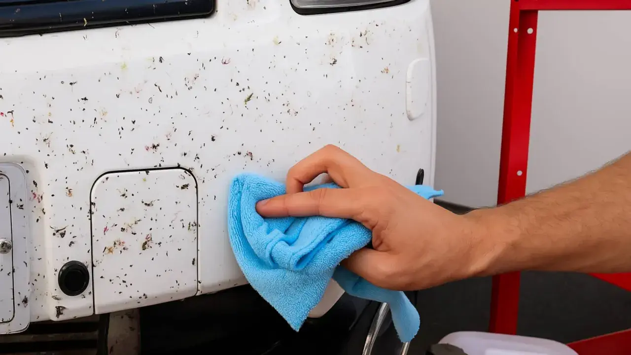 Mano limpiando el coche para quitar mosquitos y restos de insectos.