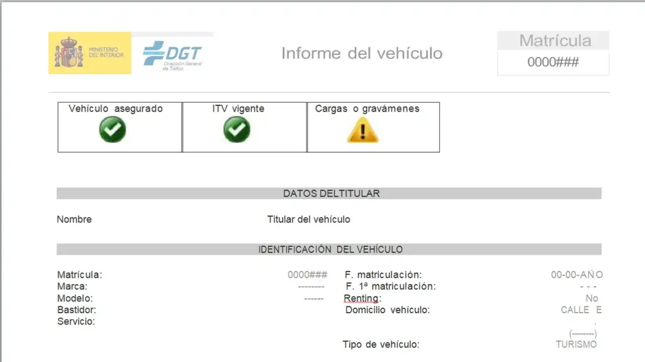 Informe del vehículo con datos de matriculación por matrícula, marca, modelo y titular. Indica seguro y ITV vigentes, pero advierte de cargas.