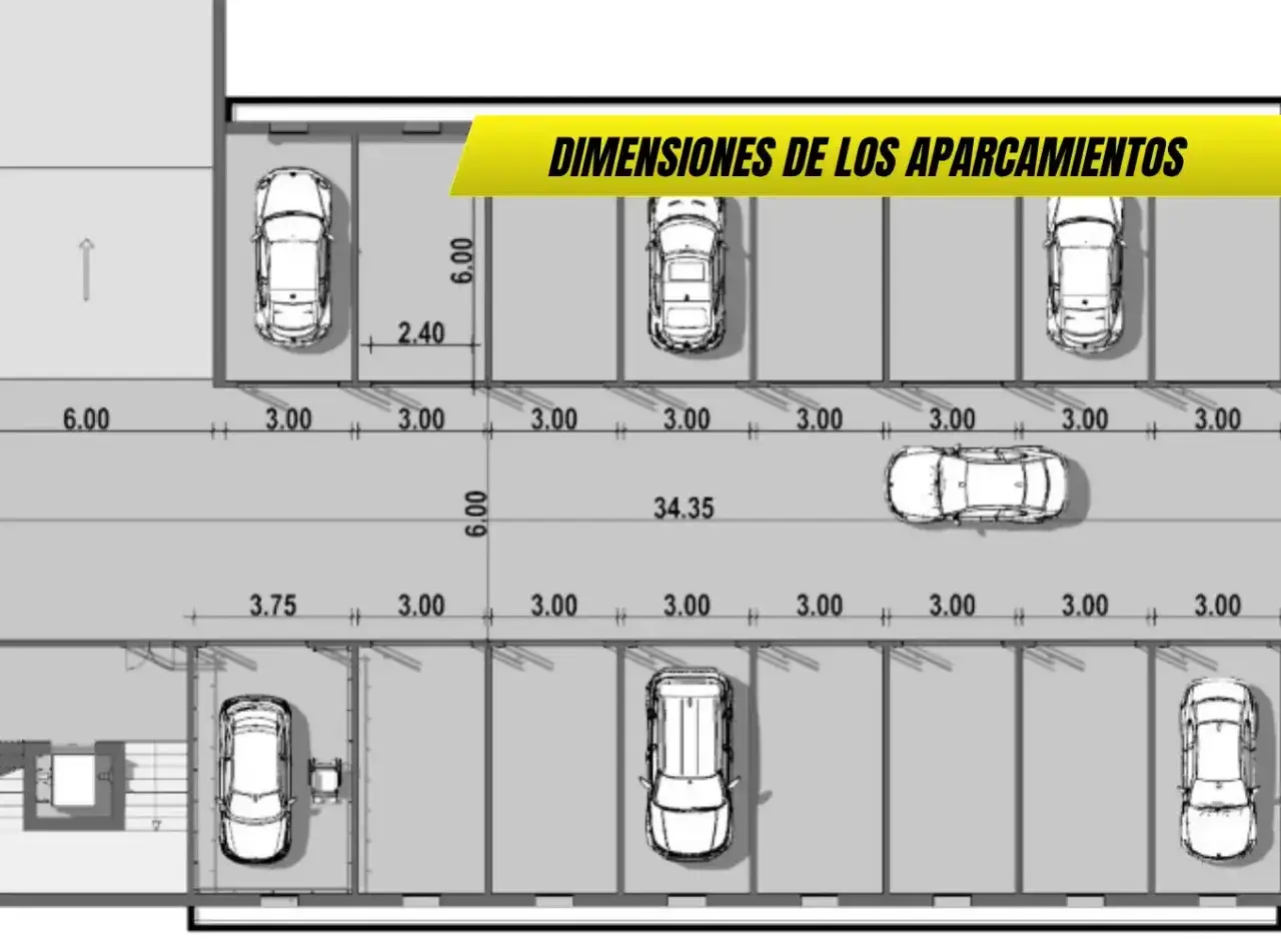 Plano de aparcamiento con coches aparcar en diagonal. Se muestran dimensiones y distribuci&oacute;n de plazas.