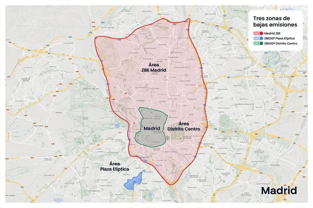 Mapa de Madrid con tres zonas de bajas emisiones: ZBE Madrid (rojo), ZBEDEP Plaza El&iacute;ptica (azul) y ZBEDEP Distrito Centro (verde).