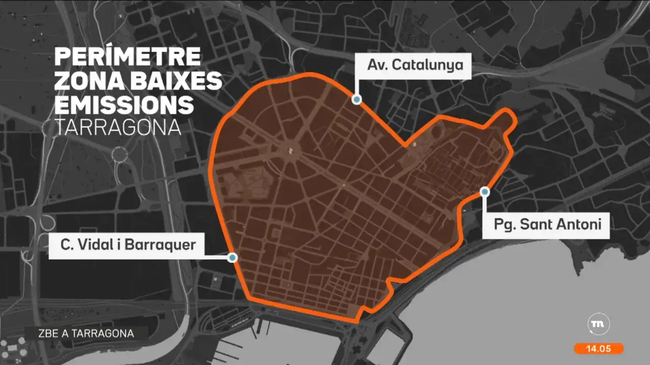 Mapa del per&iacute;metre de la zona de baixes emissions de Tarragona, delimitada per Av. Catalunya, Pg. Sant Antoni i C. Vidal i Barraquer.