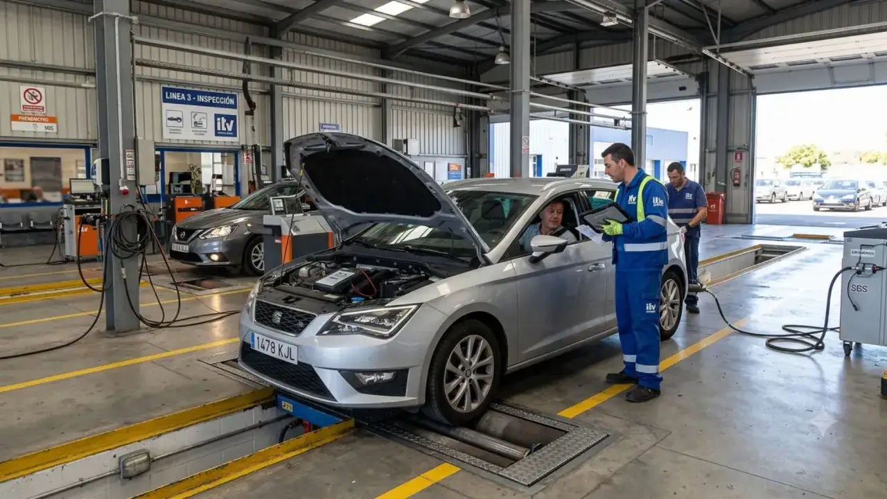 T&eacute;cnicos realizan una itv extraordinaria a un coche plateado con el cap&oacute; abierto en un taller.