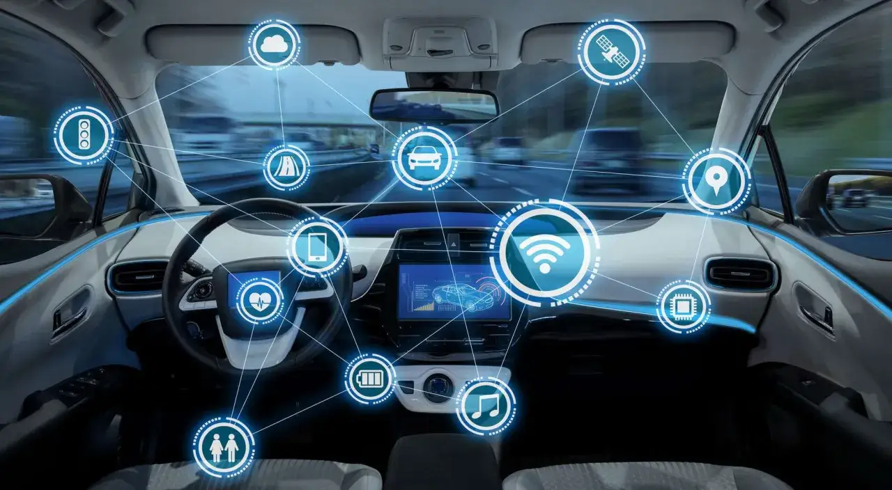 Interior de un ldw coche conectado, con iconos de tecnolog&iacute;a y conectividad.