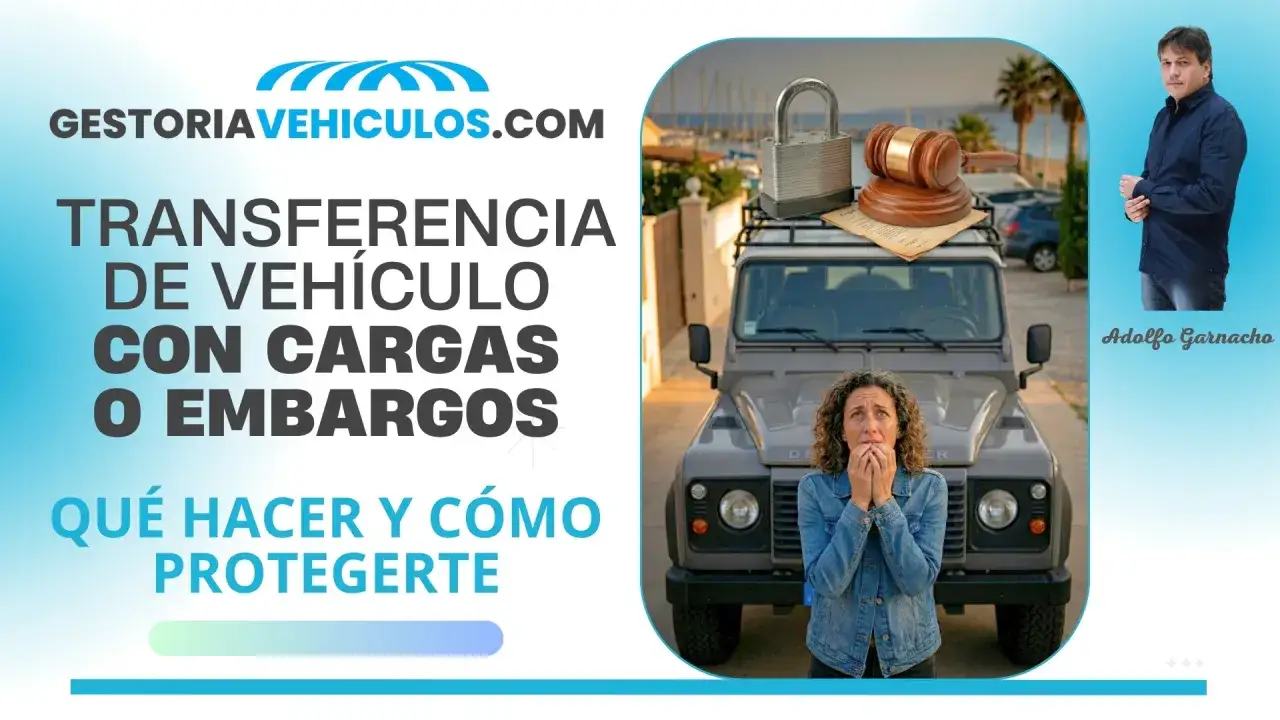 Gu&iacute;a para saber como quitar el embargo de un coche. Imagen de un veh&iacute;culo con candado y mazo de juez, y una mujer preocupada.