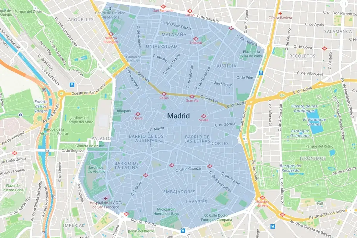 Mapa del centro de Madrid, destacando la zona de la Gran V&iacute;a y barrios como Malasa&ntilde;a y Sol.