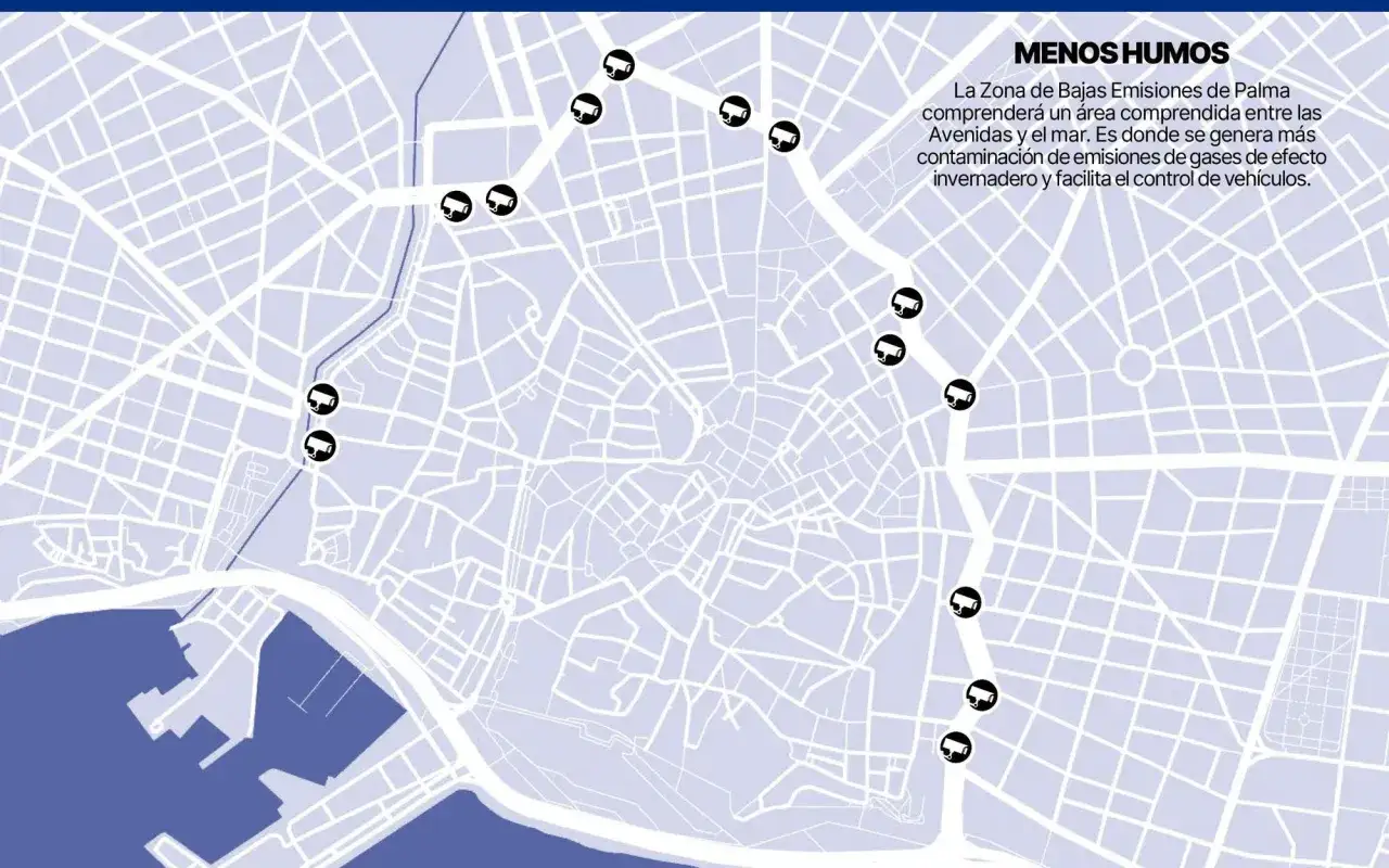 Mapa de la zona bajas emisiones de Palma, con iconos de c&aacute;maras de tr&aacute;fico marcando puntos de control.