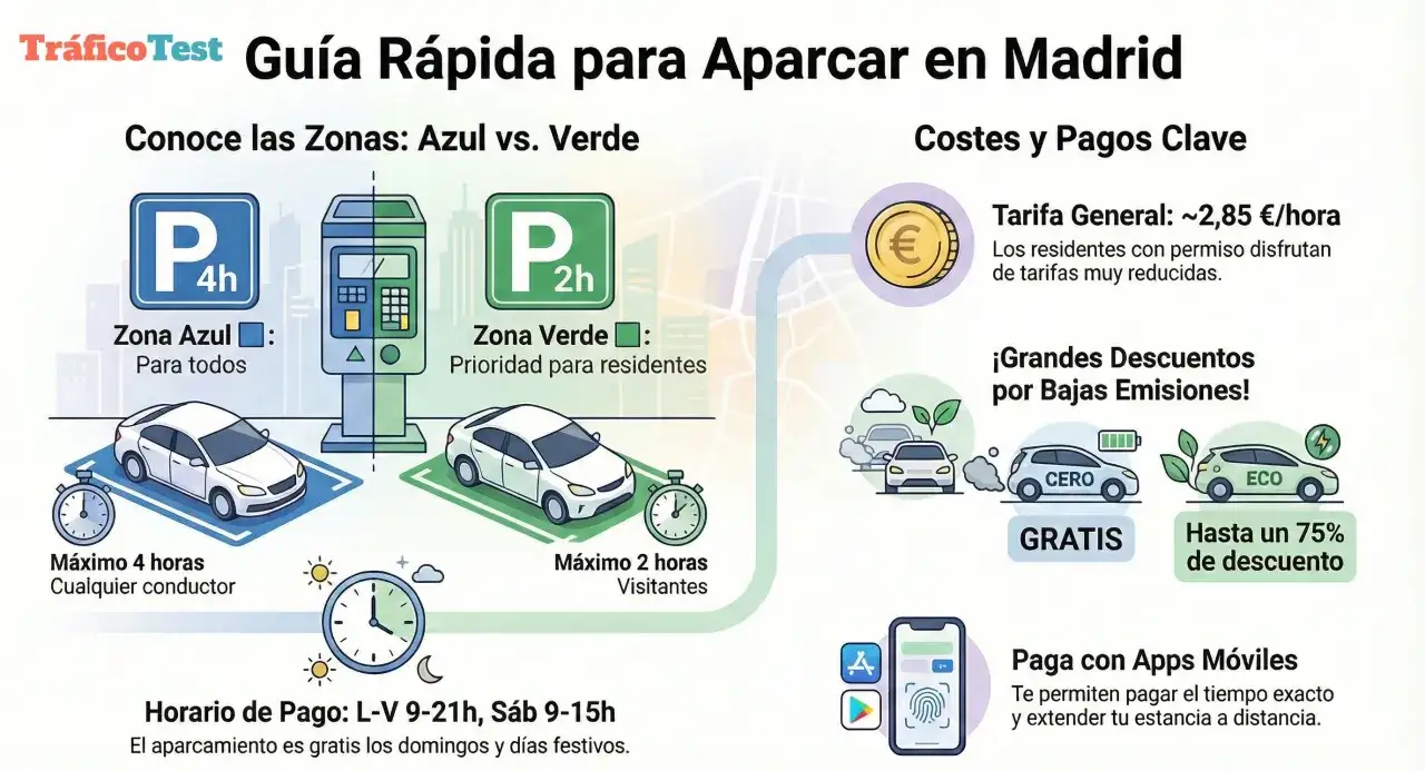 Guía de tipos de aparcamiento DGT en Madrid: Zona Azul (4h, todos) y Verde (2h, residentes). Tarifas, descuentos por bajas emisiones y pago con apps.