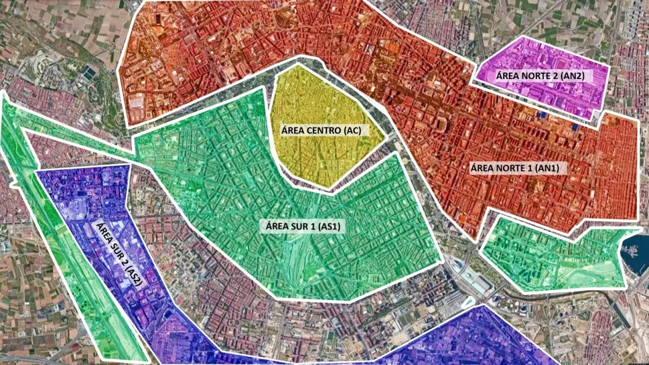 Mapa aéreo de Valencia con áreas delimitadas: Centro (amarillo), Sur 1 (verde), Sur 2 (morado), Norte 1 (rojo) y Norte 2 (morado).