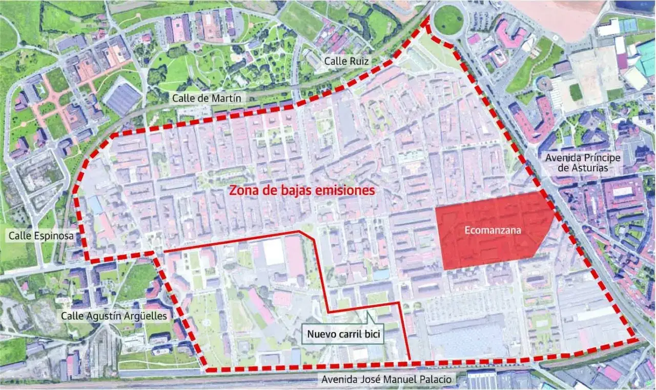 Mapa de la zona de bajas emisiones de Gij&oacute;n, con la Ecomanzana y nuevo carril bici.