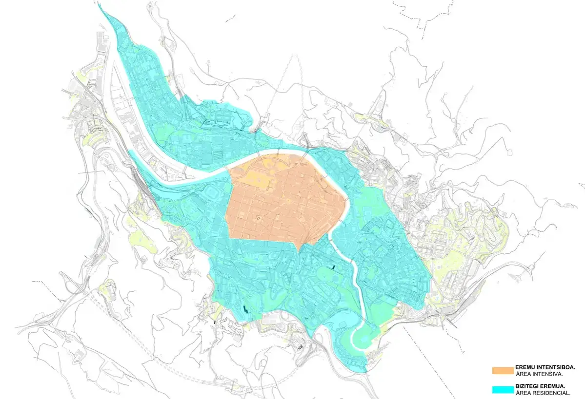 Mapa de zbe bilbao con &aacute;reas urbanas intensivas (naranja) y residenciales (azul) rodeadas por contornos de terreno.