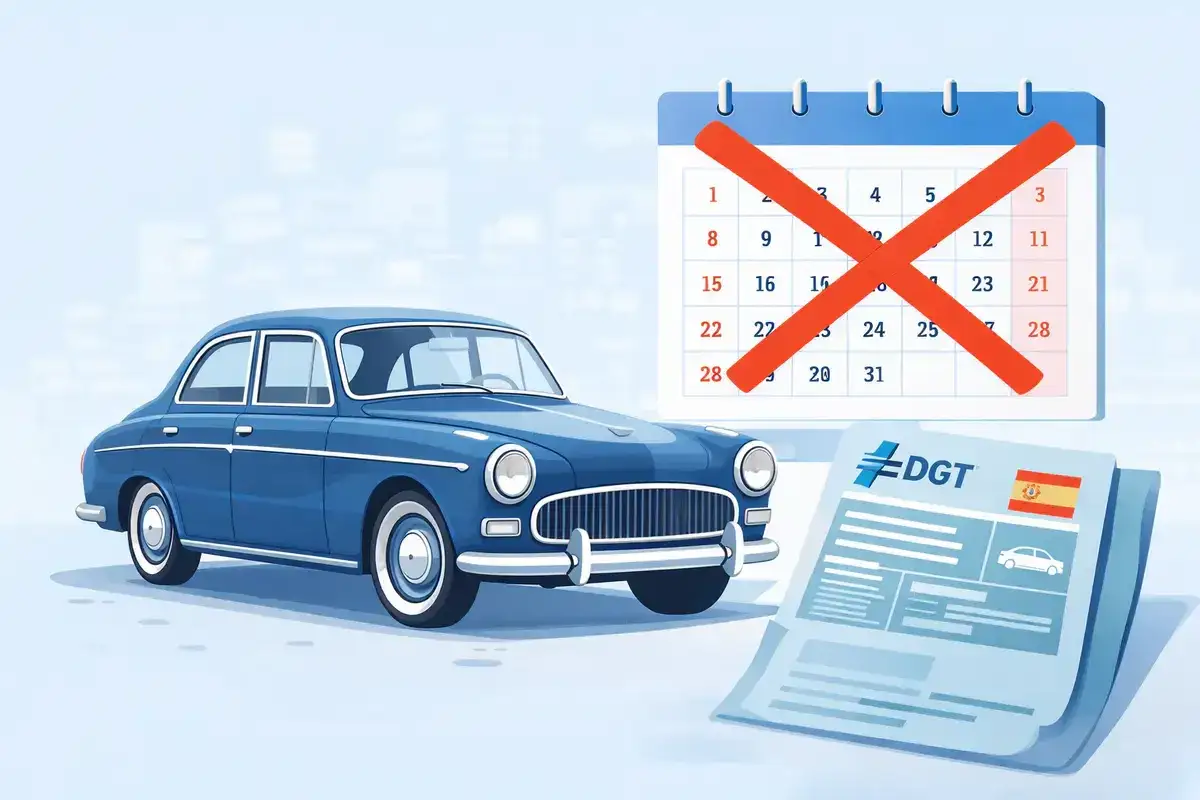 Un coche azul cl&aacute;sico junto a un calendario tachado y un documento de la DGT. &iquest;Un coche embargado puede pasar la ITV?