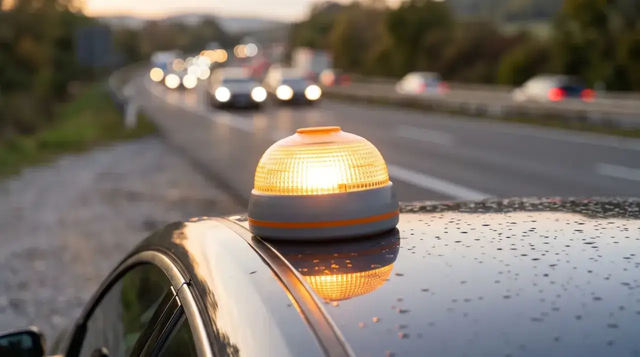 Baliza naranja brillante sobre el capó de un coche. Se puede estacionar en el arcén de la autopista con tráfico al atardecer.