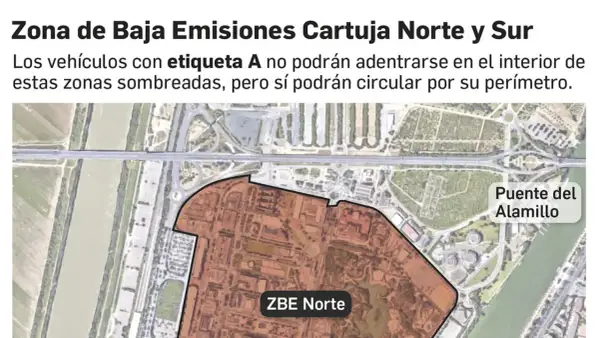 Mapa de la ZBE Sevilla, Cartuja Norte y Sur. Vehículos con etiqueta A no pueden entrar en zonas sombreadas. Puente del Alamillo visible.