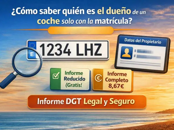 ¿Cómo saber el propietario de un coche? Imagen muestra matrícula, lupa, datos del propietario y opciones de informe.