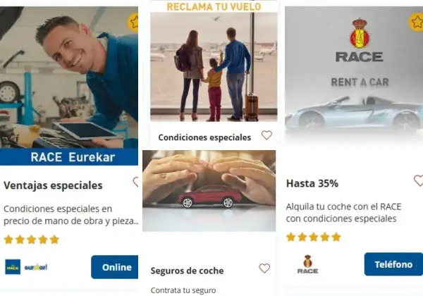 Mecánico sonriente con tablet, familia en aeropuerto, coche deportivo y manos protegiendo coche de juguete. Ofertas de RACE para tus viajes y seguros.