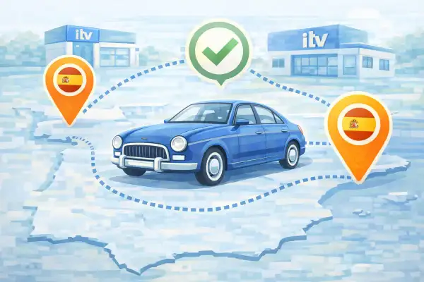 Un coche azul viaja entre dos centros ITV en España, con un punto de control de aprobación. ¡Es hora de la segunda cita ITV!