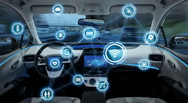 Interior de un ldw coche futurista con iconos de conectividad: wifi, corazón, batería, música, personas, chip, ubicación, satélite, carretera, semáforo y móvil.