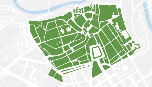 Mapa de la zona bajas emisiones Pamplona, con áreas verdes que representan calles y edificios.