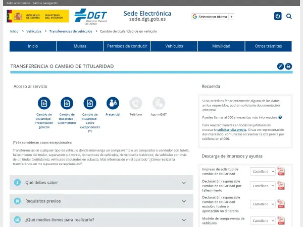 Página web de la DGT para cómo cambiar la titularidad de un coche sin venta. Muestra opciones como "Presentación general", "Ciclomotores" y "Casos excepcionales".