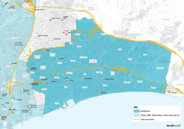 Mapa de la ZBE Badalona, con áreas de bajas emisiones y vías excluidas.