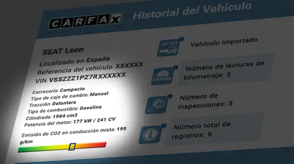 Historial de un SEAT León con matriculación por matrícula. Muestra datos como VIN, carrocería, motor y emisiones de CO2.