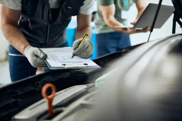 Mecánico con guantes revisa papeles remolque mientras colega usa portátil.