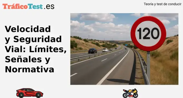Señal de límite de velocidad de 120 km/h en una autopista. El texto indica "Velocidad y Seguridad Vial", sugiriendo que se trata de normas para evitar una velocidad anormalmente reducida o excesiva.