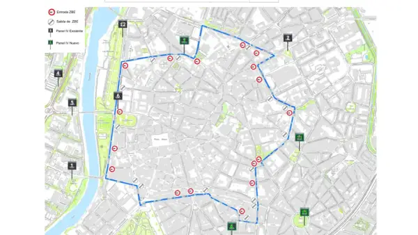 Mapa de la zona bajas emisiones Valladolid. Muestra el perímetro de la ZBE, entradas, salidas y paneles informativos.