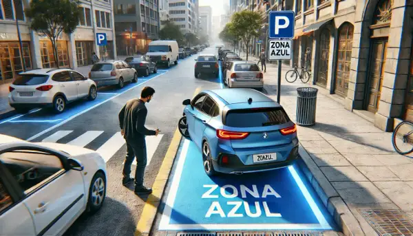 Un hombre cruza la calle en Granollers, donde un coche azul se estaciona en una ZONA AZUL iluminada.