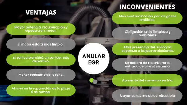 Ventajas y desventajas de anular EGR: mayor potencia, motor más limpio, pero más contaminación y ruido. Opiniones divididas.