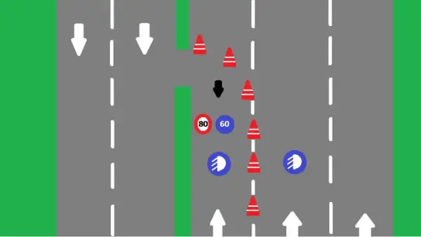 Conos rojos y señales de tráfico indican que es un carril especial. Flechas blancas marcan la dirección.