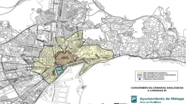 Mapa de la zona bajas emisiones Málaga, con perímetros general, entorno protegido y Soho. Incluye cámaras analógicas.
