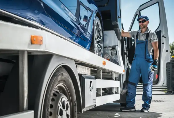 Trabajador con mono azul junto a un coche azul en una grúa. Un paso más para saber como quitar el embargo de un coche.